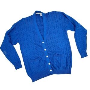 Vintage 80s Talbots Cable Knit Cardigan Sweater V-Neck Button Up Blue Cotton XL